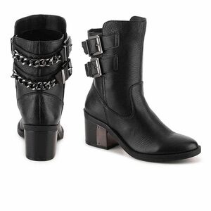 Black Leather Ankle Boots with Chain Detail